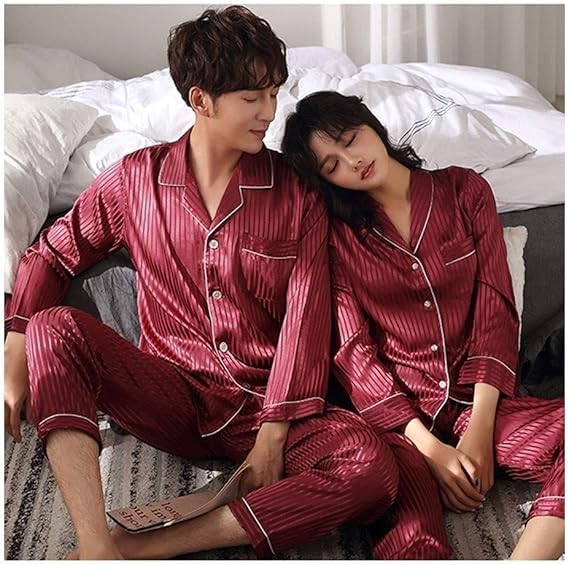 Amazon パジャマセッ マッチングカップルシルクパジャマレディース男性長袖サテンpjのsetボタンダウンパジャマソフトナイトウェア部屋着 4561 Color Ladies Size M パジャマ ルームウェアセット 通販