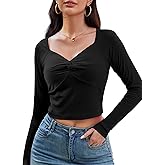 TAIPOVE Women's Ribbed Long Sleeve Shirt Sweetheart Neck Going Out Crop Tops Twisted Knot Slim Fit Trendy Fall Winter Outfits