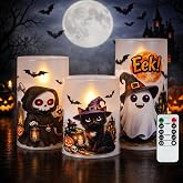 Homemory Halloween Flameless LED Battery Operated Candles with Remote&Timer | Acrylic Pillar candles with Realistic wick effect, frosted dustproof finish for halloween decorations, Set of 3