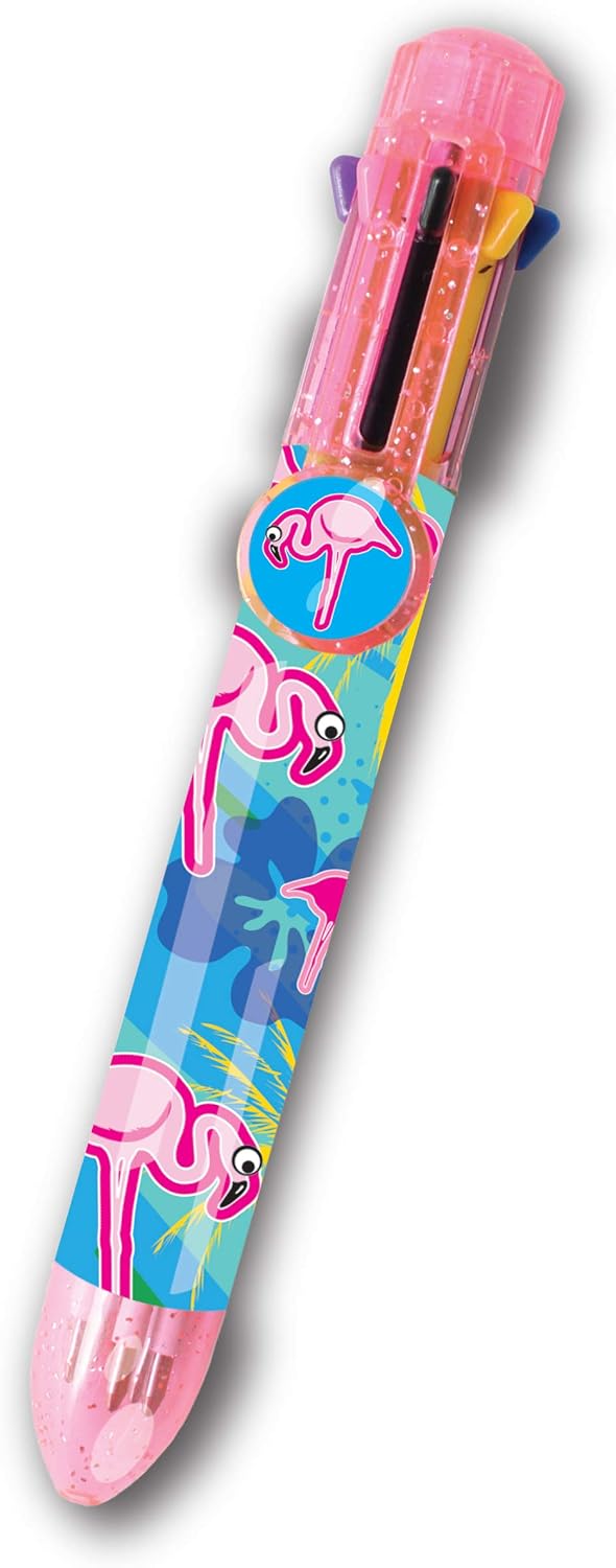 Rainbow Writer, Flamingo Pen by Deluxebase. 8-in-1 Multicolour Retractable Ballpoint Pen with a Pink Glitter Barrel
