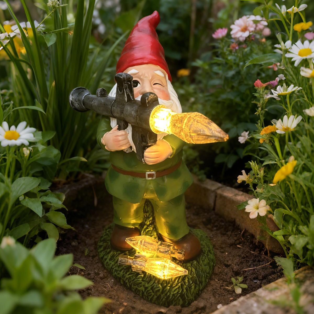 Photo 1 of **DAMAGED** Large Garden Gnome Statue with Guns, Solar Military Army Soldier Guardian Hunter Gnome Garden Decoration Figurine Lights Porch Decor Valentine's Day Men Gift Scale War Combat Guards Patriotic Dwarves