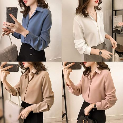 Amazon Co Jp 新しい春の女性シンプルなシャツ女性の長袖シフォンシャツ野生のソリッドブラウスエレガントな女性の女性の服 ホーム キッチン