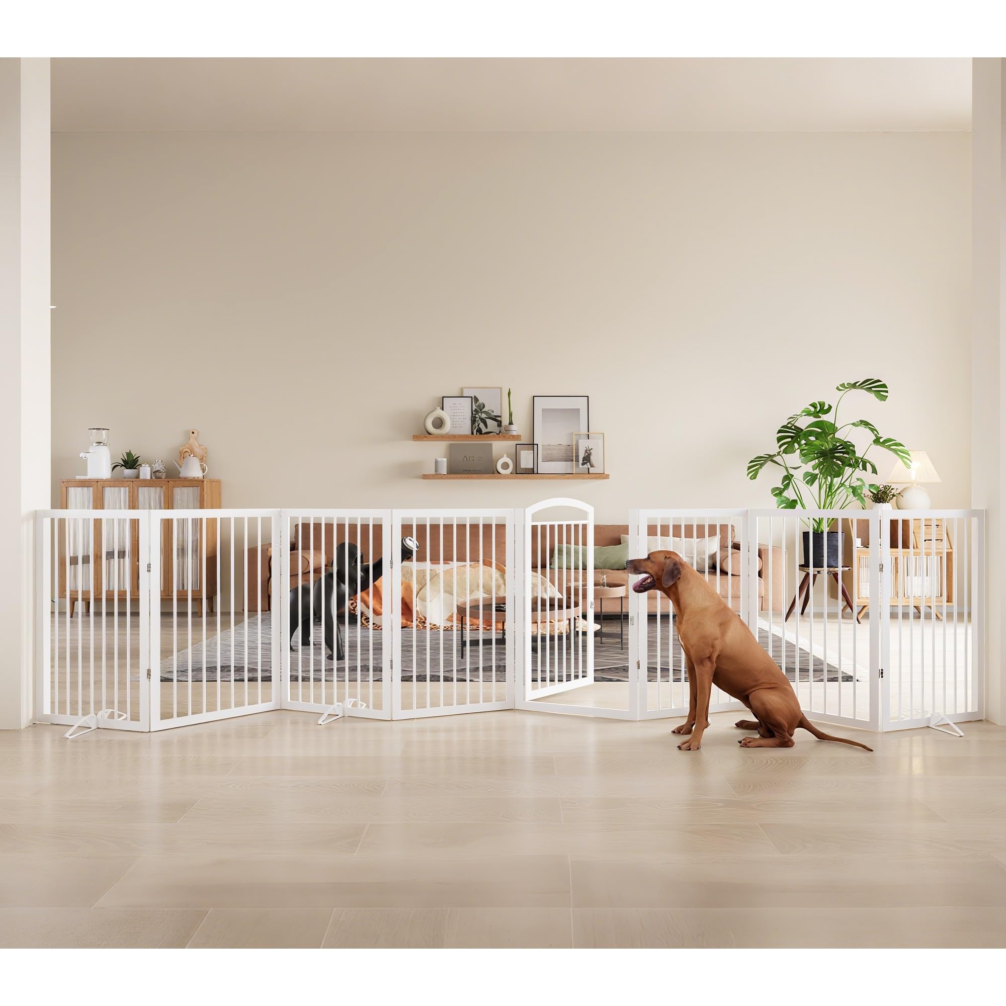 Photo 1 of JSB 192-inch Extra Wide 30-inch Tall Dog gate with Door Walk Through,Full Matel Freestanding Round Tube Pet Gate for Halls Stairs, Puppy Safety Dog Fence with 4PCS Support Feet (White)