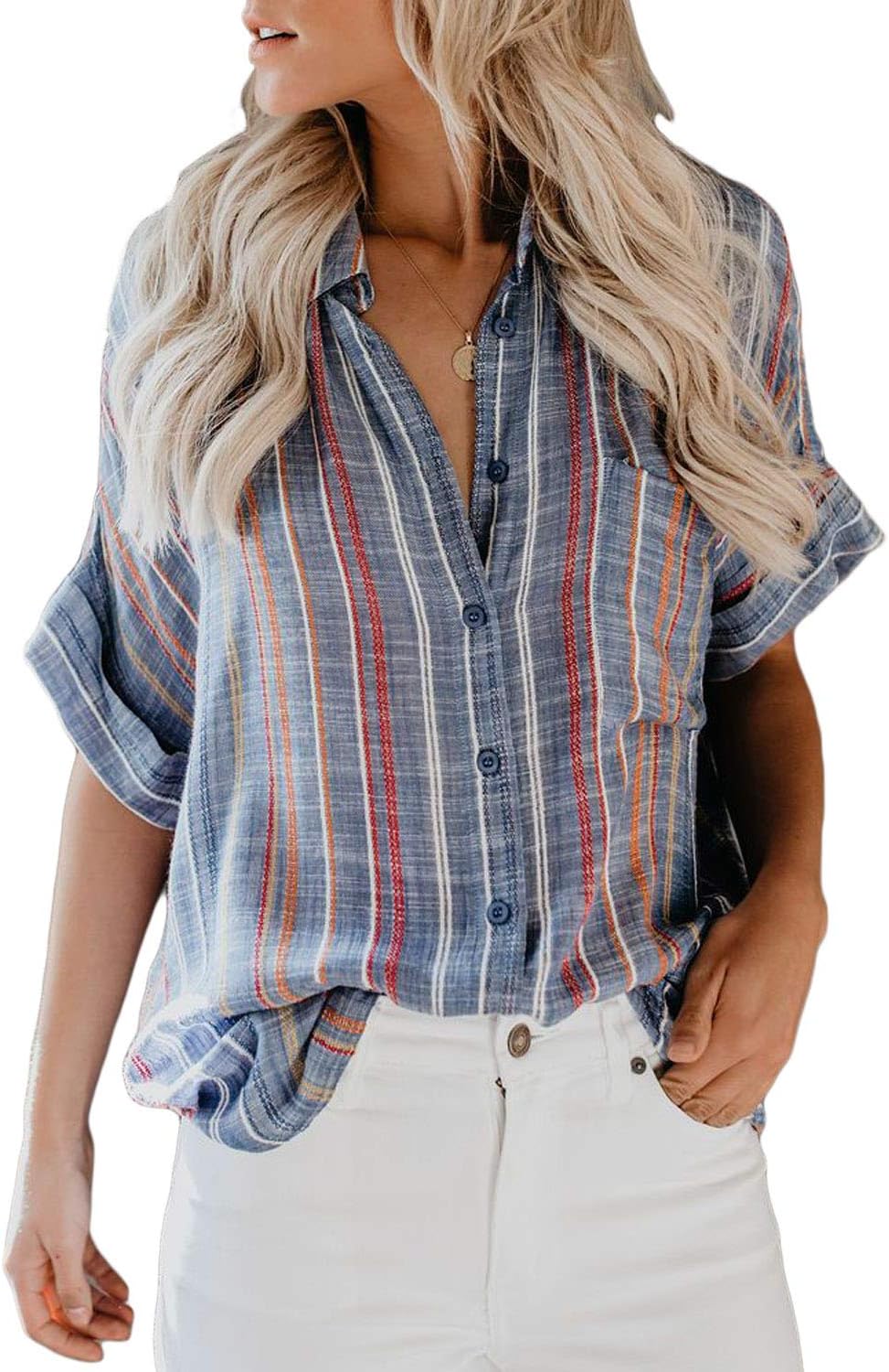 GOSOPIN Womens Ocean Cool V-Neck Button Down Blouse Stripes Printed Short Sleeves Shirt Tunic Tops