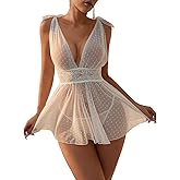 OYOANGLE Women's 2 Piece Polka Dots Lace Sheer Mesh V Neck Babydoll Teddy Lingerie Set