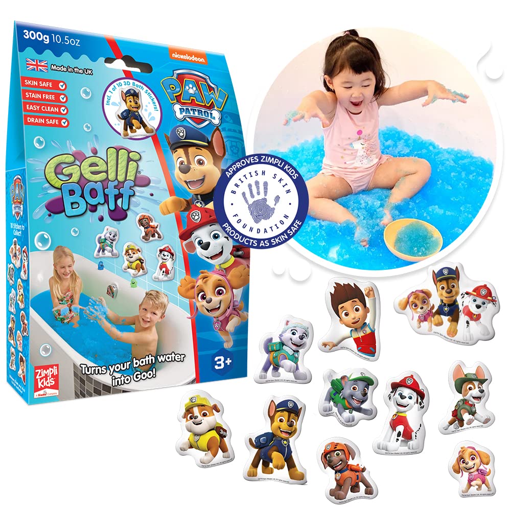 ZIMPLI - Paw Patrol Gelli Baff Blue with Floating 3D Bath Sticker, 1 Bath or 6 Play Uses, Magically turns water into thick, colourful goo, Multi-Sensory Play
