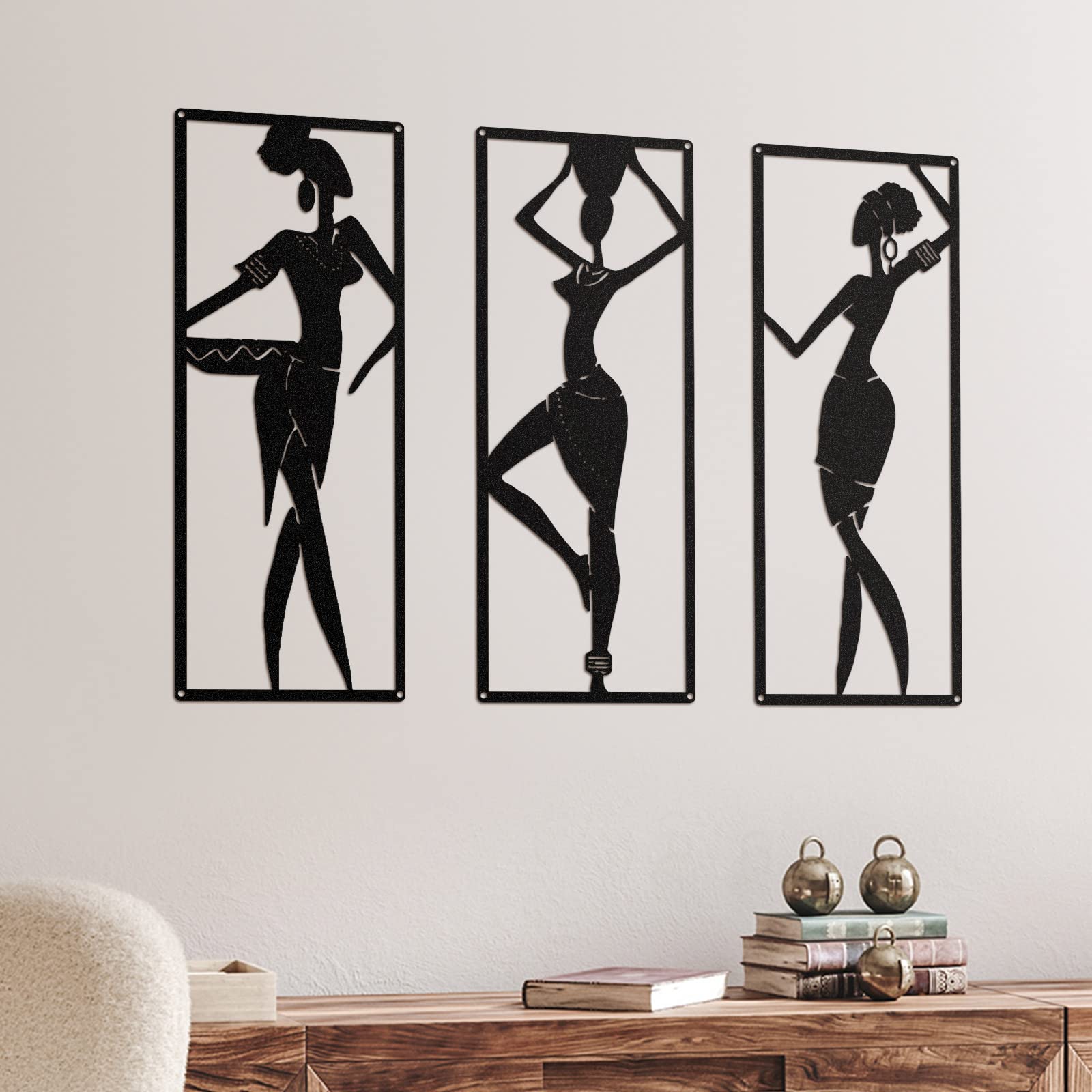 Therwen 3 Pieces African Women Metal Wall Art for Bedroom, Bathroom, Living Room - Black American Home Decor - 15.7 x 6 Inch