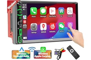 MINYE [New Wireless] Double Din Car Stereo Built-in Wireless Apple CarPlay/Android Auto, 7 Inch HD LCD Touchscreen Radio, RDS/FM/AM, USB Type-C Charge, Bluetooth, Mirror-Link, Waterproof Backup Camera
