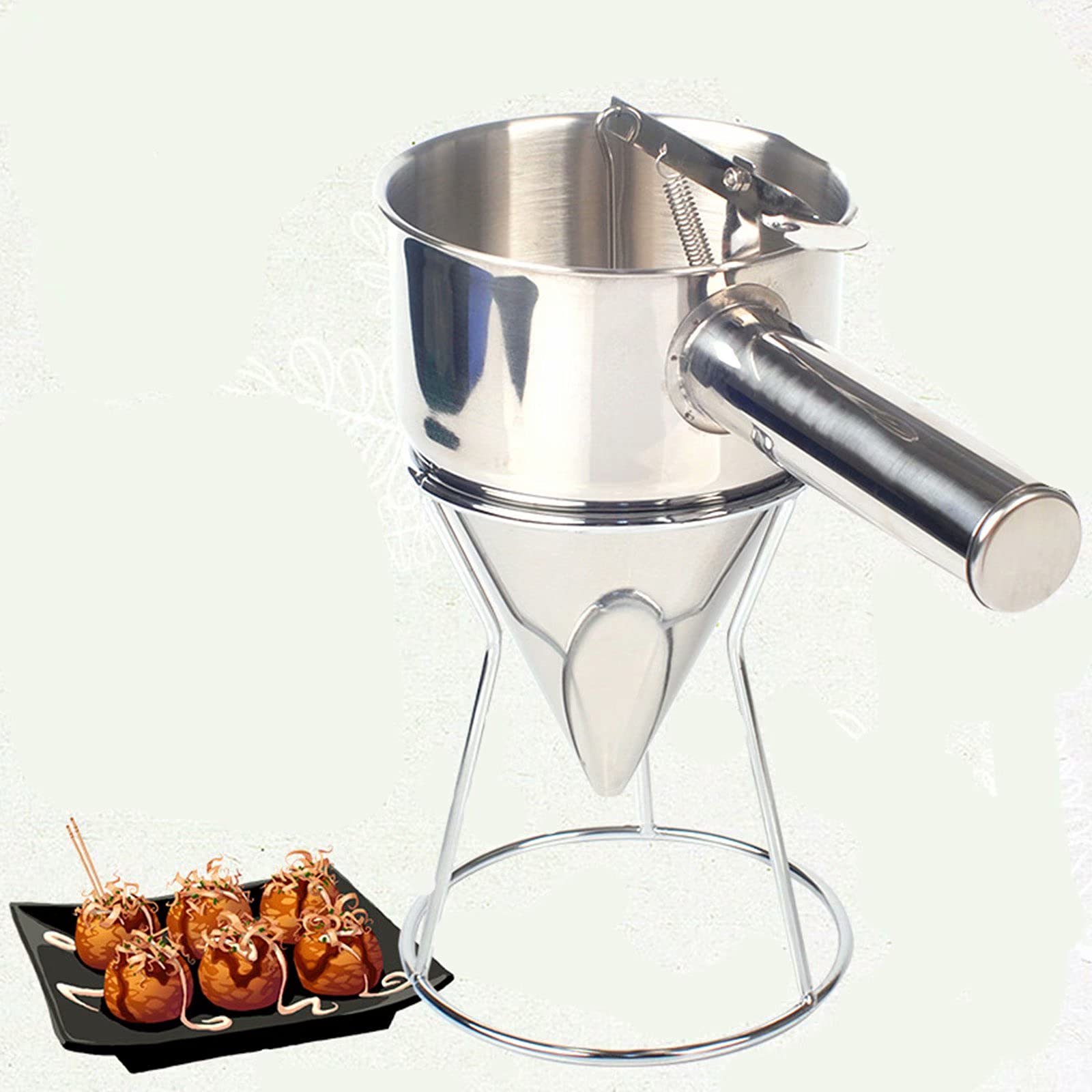 Stainless Steel Funnel Pancake Batter Dispenser Piston Funnel,Stainless Steel Pancake Dispenser with Stand, with bracket, spring handle of pancake batter machine 1pcs