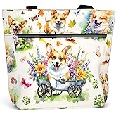 84hoods Large Waterproof Tote Bag with Pockets and Zipper for Work for Women. Gift for Corgi Lovers and Owners.