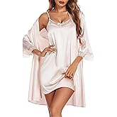 Ekouaer Sleepwear Women's Satin Nightgown with Robes Set 2 Piece Sexy Lace Cami Nightwear