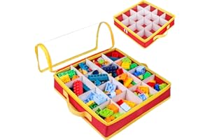 SIYNPAV 16-Slot Toy Storage Bin Organizer Case for Lego Bricks, Foldable Container Storage Box with Clear Lid& DIY Divider for Lego Sorting, Board Games, Building Blocks& Puzzles (Case Only, Red)