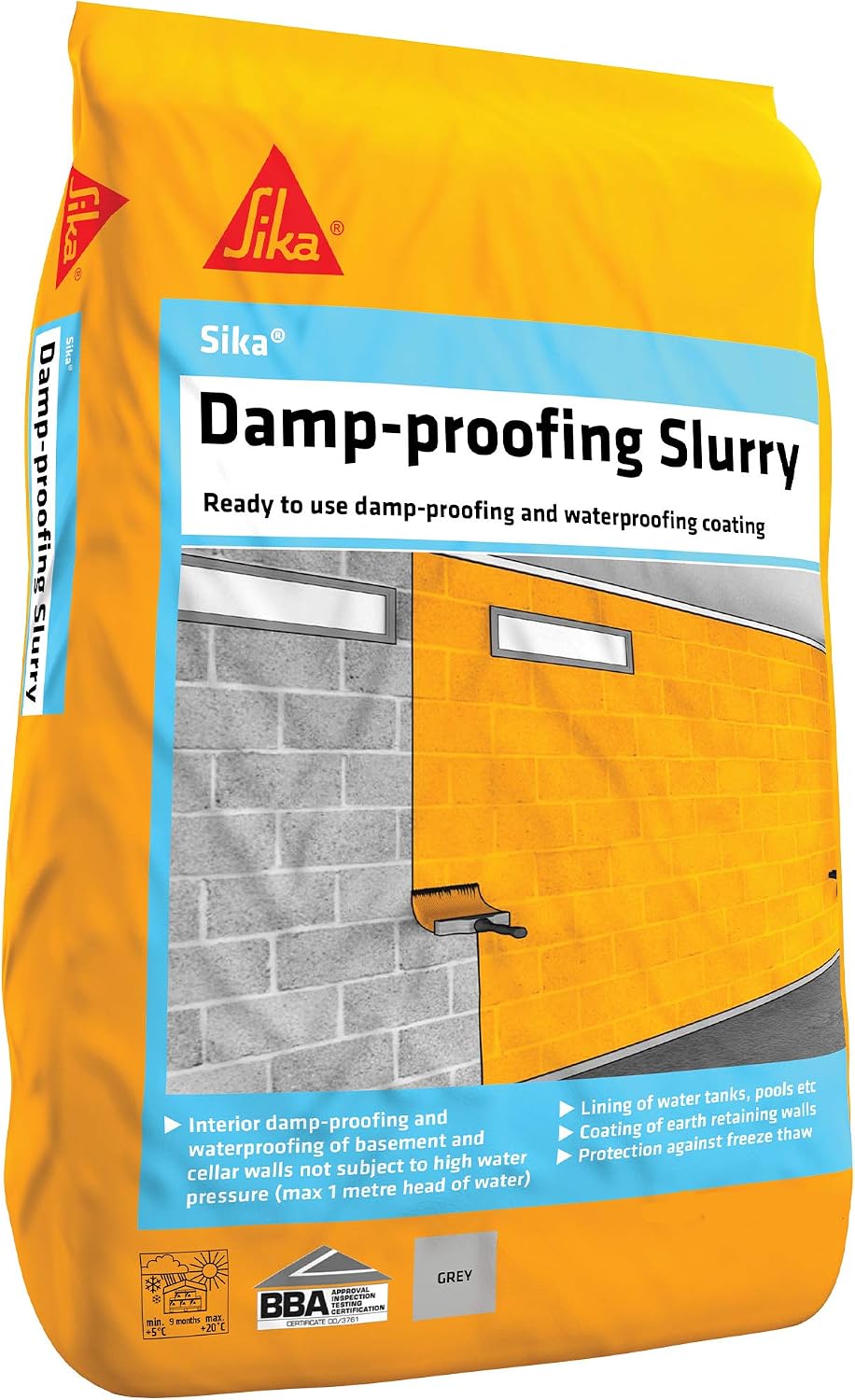 Sika - Damp Proofing Slurry - Waterproof - Adjustable Consistency - Interior and Exterior Applications - Grey - 25kg