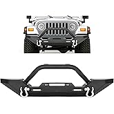 ECOTRIC Front Bumper Compatible with 1987-2006 Jeep Wrangler TJ YJ | Compatible with 1987-2006 Jeep Wrangler TJ YJ with Winch Plate; D-Ring and 2 LED Lights Black Rock Crawler Heavy Duty