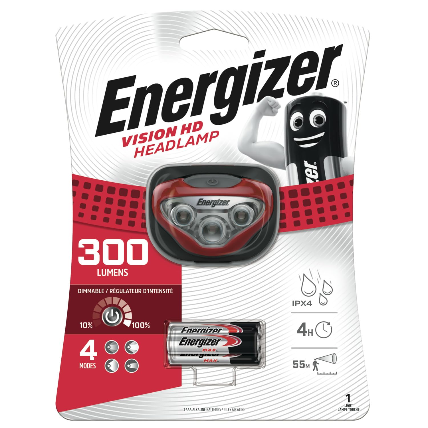 Energizer Vision HD Head Torch, Bright Headlamp, Water Resistant, Lightweight for Indoor and Outdoor Activities, Batteries Included