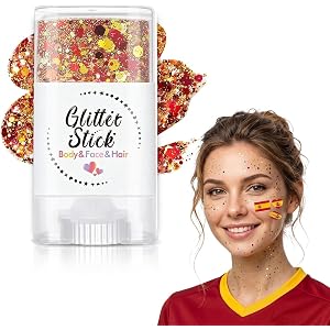 Patriotic Glitter Stick, Red Gold Body Face Hair Glitter Makeup with Star Sequins, Sparkle Stick for Football Soccer Cheer Co