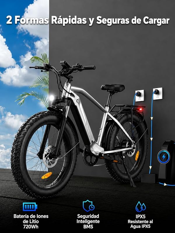 D6 Bicicleta Eléctrica, 26x4” Bici Electrica Adultos Montaña, Batería de 48V 15Ah, Motor 250W, 7 Velocidades, Horquilla de Suspensión, Frenos de Disco Hidráulicos (Negro)