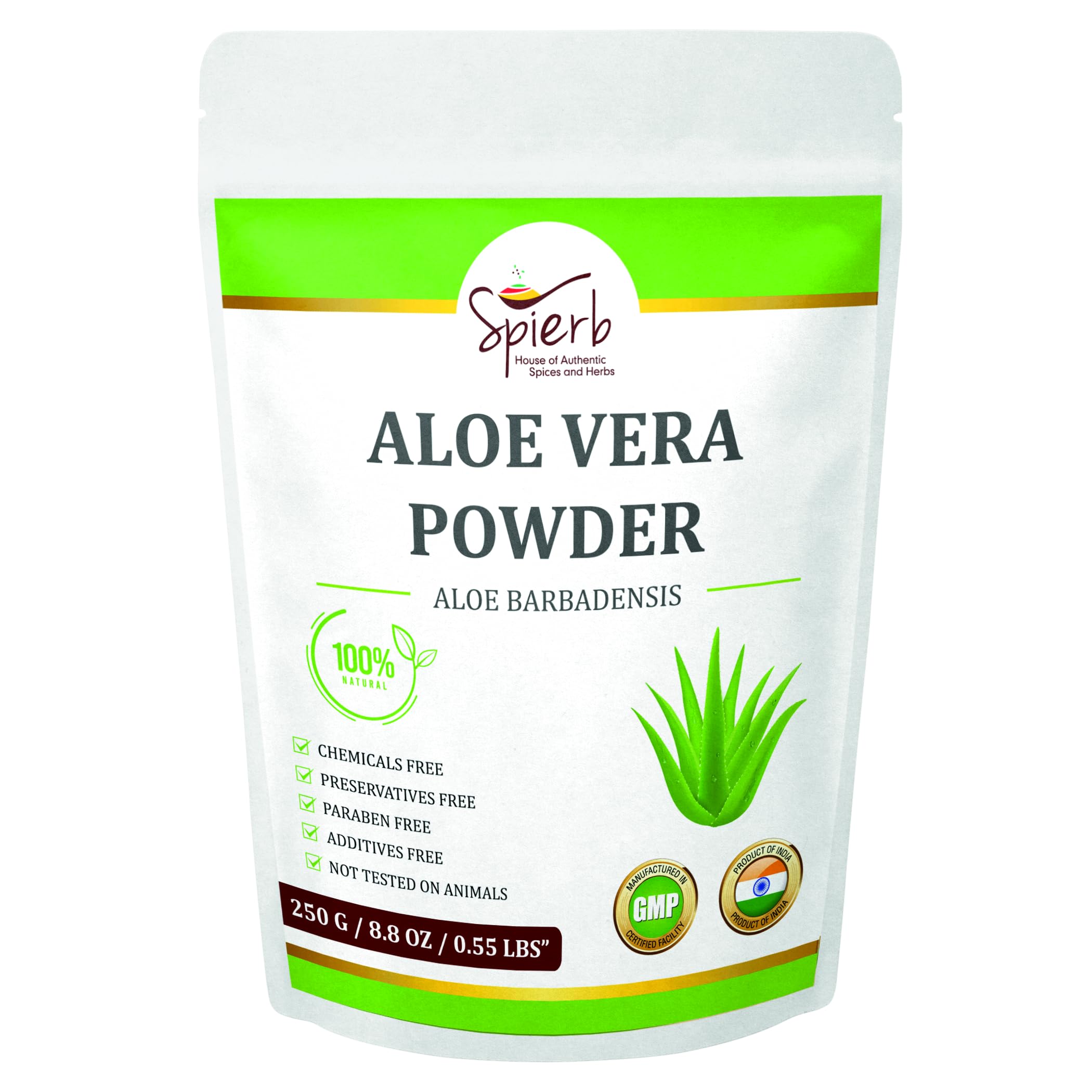 Spierb Aloe Vera Powder 250g – Pure Aloe Leaf Powder for Hair Growth, Face Mask & Skin Care – Naturally Grown, Chemical-Free, No Additives – Hydrating Hair Mask, Cruelty-Free, GMP Certified