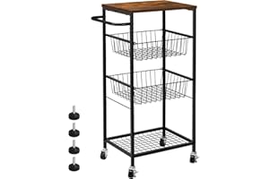 DOMYDEVM Kitchen Storage Cart on Wheels 4 Tier Lockable Utility Rolling Cart with Handle and Pull-Out Basket Food Storage Shelf Stand with Wood Top for Living Room Dining Room Bathroom, Brown