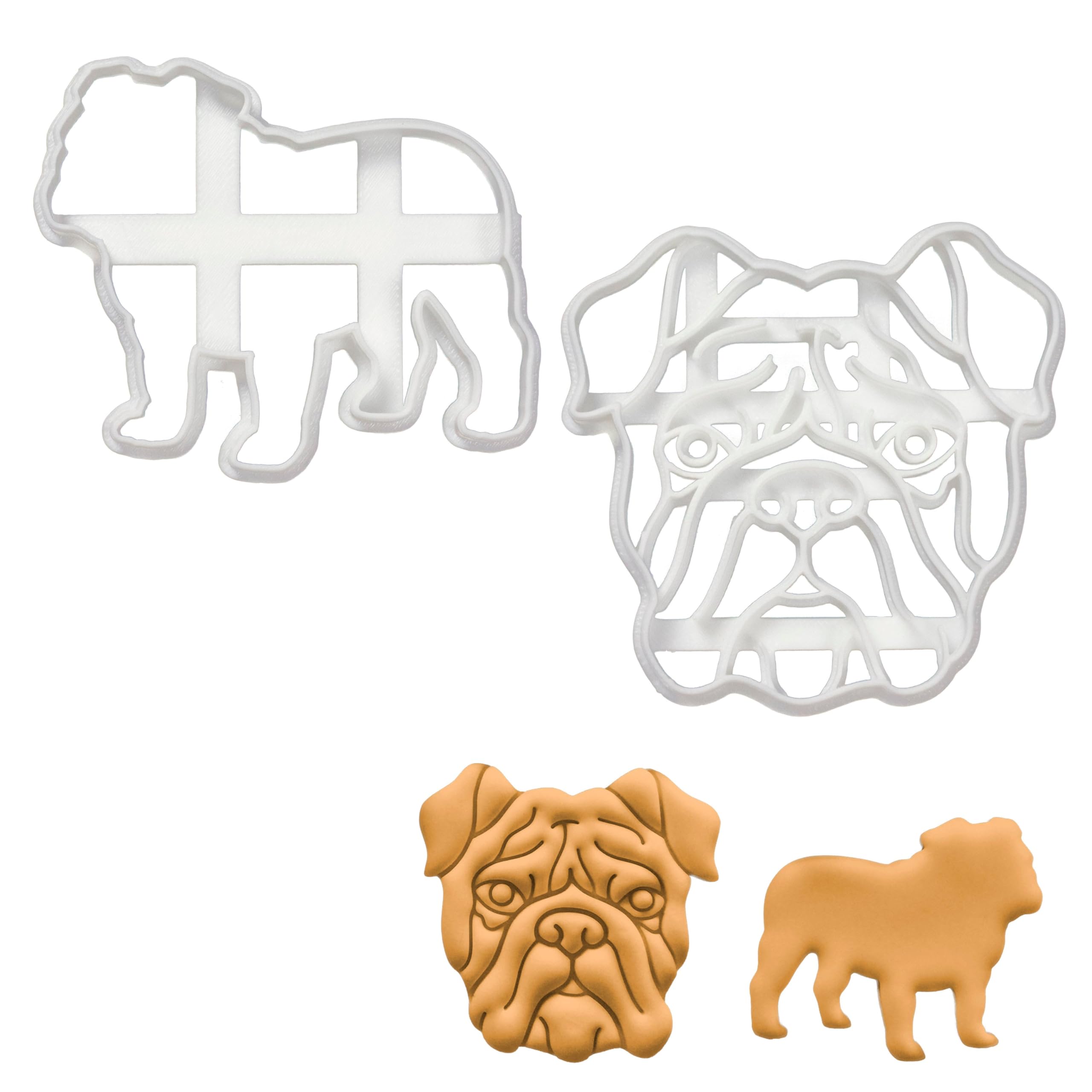 BAKERLOGY Set of 2 English Bulldog Cookie Cutters (Designs: English Bulldog Silhouette and English Bulldog Face) - Detailed Biscuit Cutter Design for Baking and Crafts, Ideal on Fondant, Dough, Clay