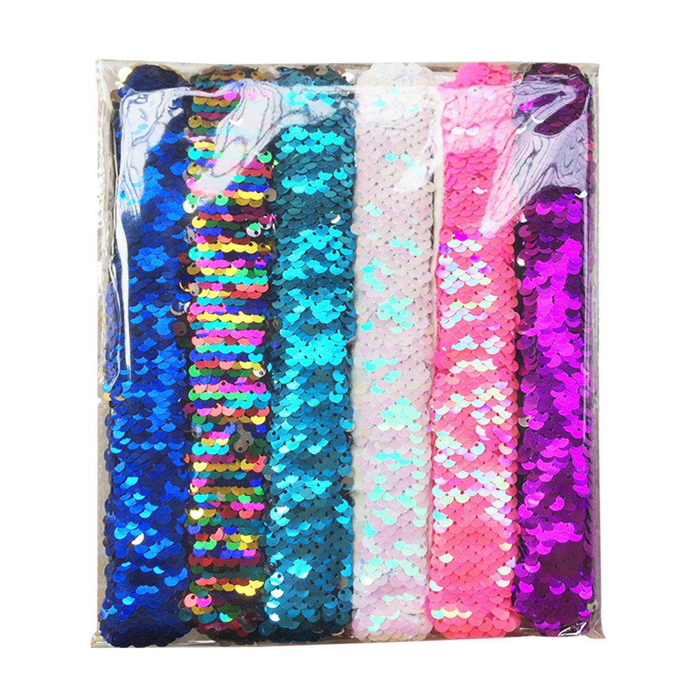 Magic Mermaid Slap Bracelet Two-color Reversible Shining Flip Sequins & Velvet Lining for Birthday Party Favors Christmas Gifts,Wristband Bracelet for Kids,Girls,Boys,Women (6 pack)
