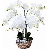 GXLMII Orchid Artificial Flowers for Home Decor, Faux Orchids with Silver Vase Phalaenopsis Fake Flowers Real Touch Flowers Plants White Orquideas Arrangements in Pot Table Centerpiece Decoration
