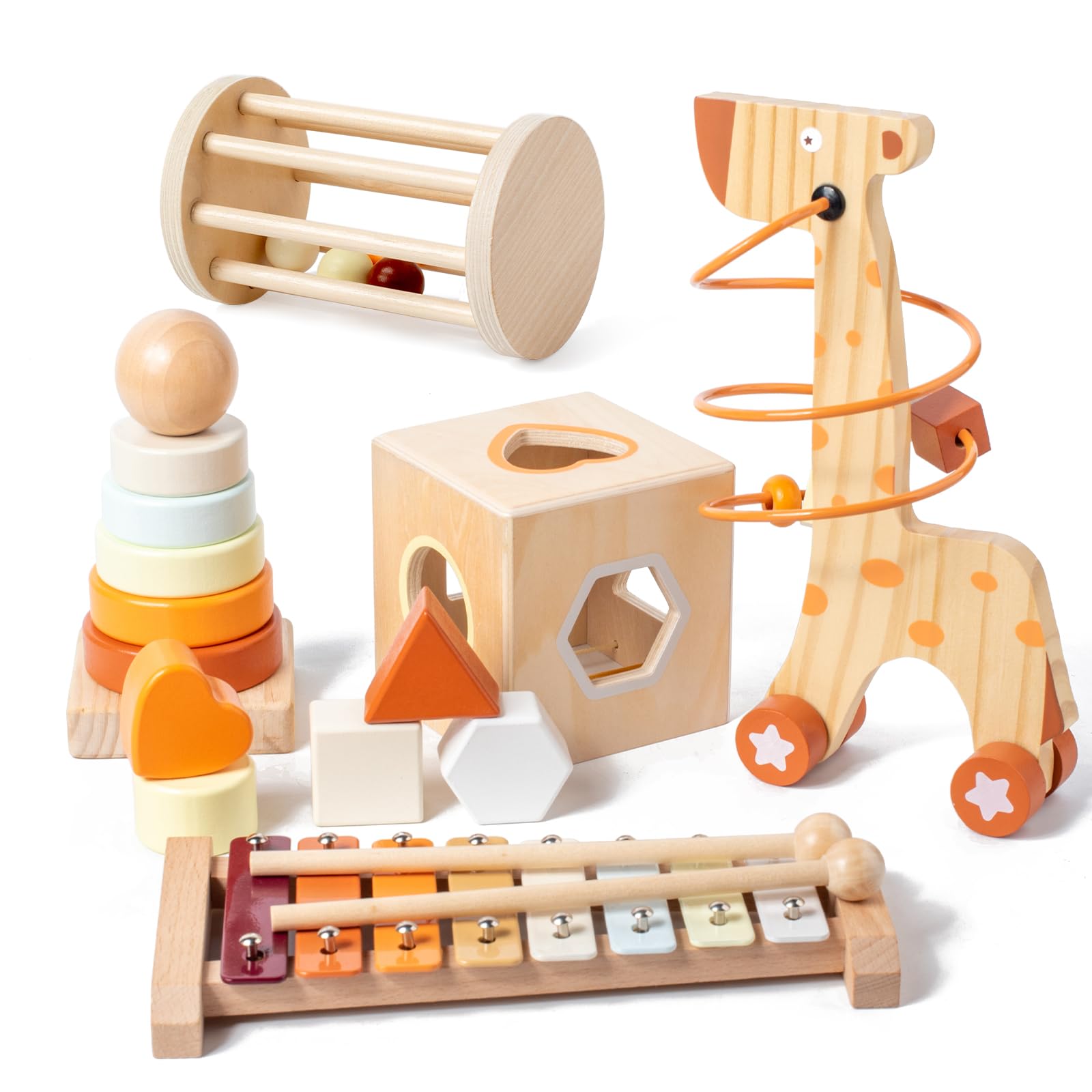 Photo 1 of Montessori Toys for 1-3 Year Old, Baby Toys 12-18 Months, Wooden Stacking Rings Toy for Toddlers, Shape Sorting Cube, Xylophone, Preschool Sensory Developmental Educational Toy for Babies