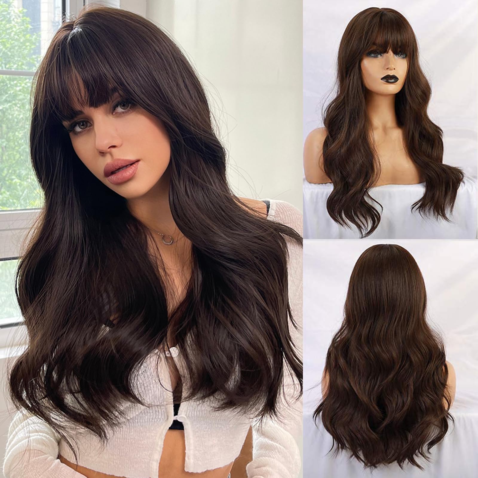 Photo 1 of *HEAVILY USED** Esmee 24" Dark Brown Synthetic Natural Long Wave Wigs with Neat Bangs for Women