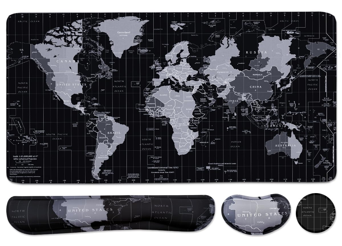 Photo 1 of Large Mouse Pad Set, Cute Extended Mouse Pad+Keyboard Wrist Rest Support Desk Pad Memory Foam Ergonomic Easy Typing, 35.4×15.7 in Desk Mat Set for Home Office Study Game - World Map