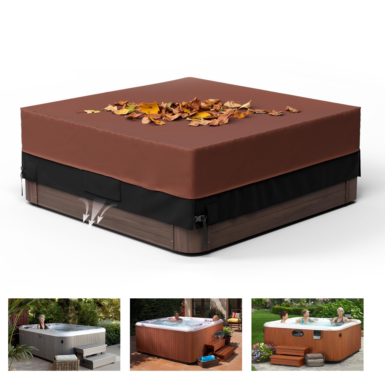 Pacok Square Hot Tub Cover, Waterproof 600D Oxford Fabric SPA Hot Tub Covers with Drawstring, Outdoor SPA Bath Pool Dust Cover with Air Vent, Brown+Black(220x220x85CM)