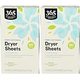 365 by Whole Foods Market Dryer Sheets Fabric Softener, Unscented | 80 Count | Pack of 2