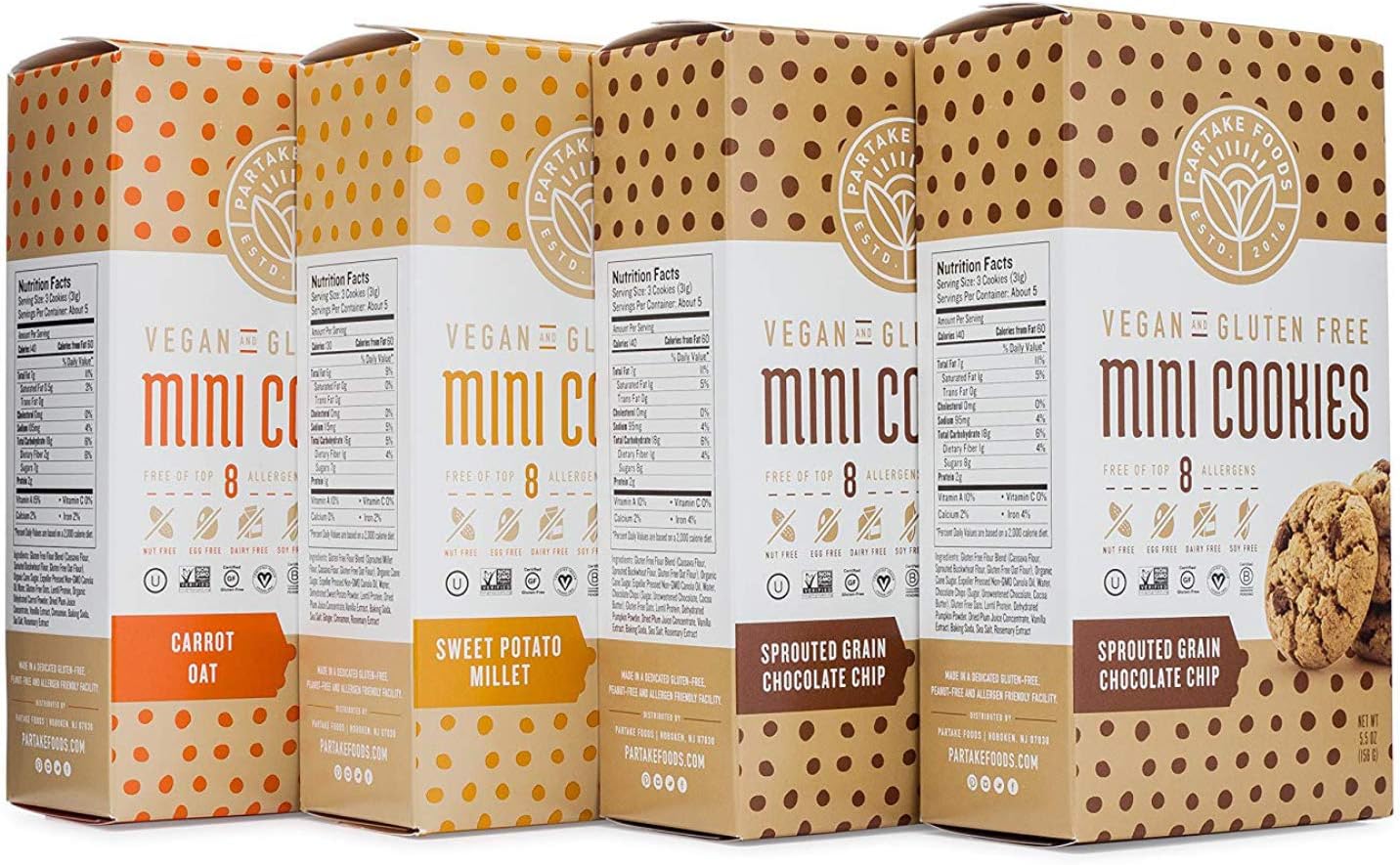 Partake Crunchy Cookies - Variety Pack | Chocolate Chip, GingerSnap & Carrot Oat | Vegan & Gluten Free | Free of Top 8 Allergens | Safe for the School Yard | Tasty, Nutritious & Less Sugar | 4 Boxes