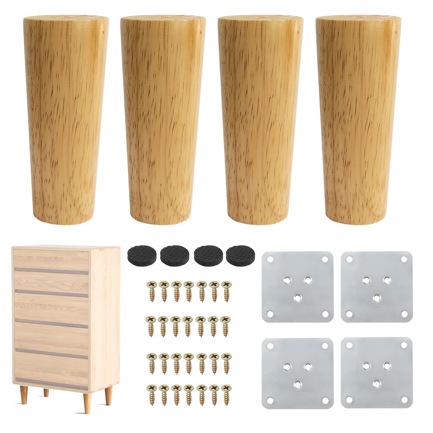 Techfection 4 Wooden Furniture Legs 12cm Solid Wood Conical Replacement Legs With Mounting Plate Anti-Slip Pads For Sofa Bed Cabinet Couch TV Cabinet