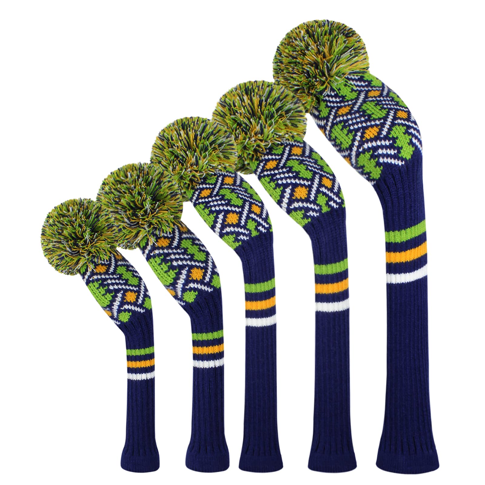 Golf Head Covers for Woods 5 PCS Knit Golf Club Cover Driver Cover*1 Fairway Wood*2 Hybrid (UT)*2 Stain Resistant&Washable, with Fluffy Pom Poms (Blue Green)