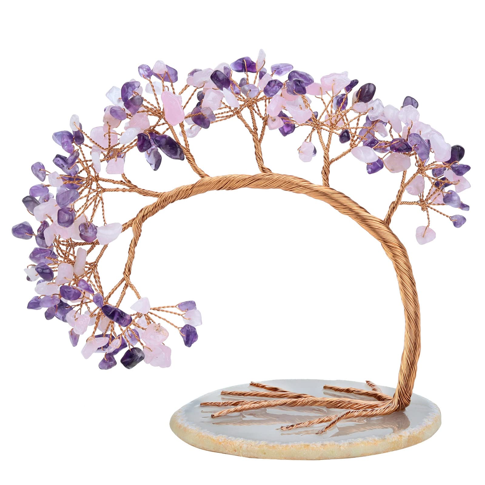 mookaitedecor Natural Amethyst & Rose Quartz Crystal Stone Money Tree with Agate Slice Base for Office Home Decor Wealth Luck, Healing Crystal Stone Feng Shui Tree Ornaments, Height 4.5-5.2"