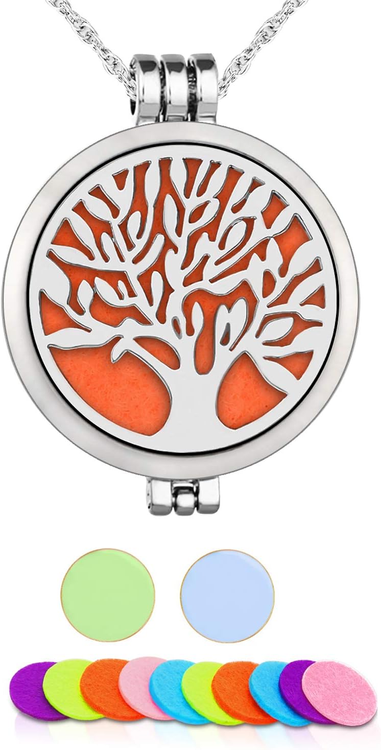 Aromatherapy Essential Oil Diffuser Pendant Necklace,WAWJ Life Tree Stainless Steel Christmas Mothers Day Gift Jewelry with 24" Chain & 12 Felt Pads