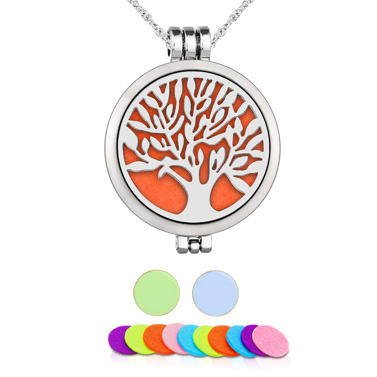 Aromatherapy Essential Oil Diffuser Pendant Necklace,WAWJ Life Tree Stainless Steel Christmas Mothers Day Gift Jewelry with 24" Chain & 12 Felt Pads