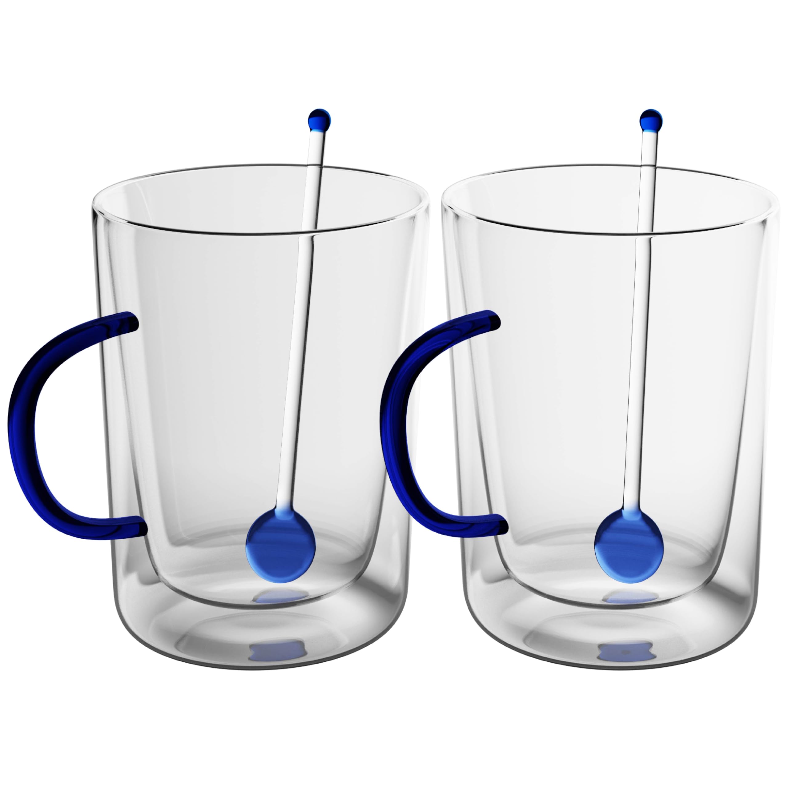 Photo 1 of *ONLY 1 CUP* elle decor Double Wall Glass Coffee Mugs with Spoons | Set of 2 | Glass Cups with Colored Handles | Clear Coffee Mugs for Latte, Cappuccino, Espresso Coffee, Tea and Hot & Cold Beverages (Blue)