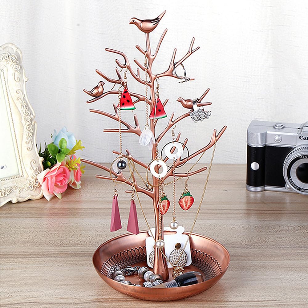TRIXES Antique-Bronze Jewellery Tree Stand – Vintage Birds – Hang your Jewellery – Hanging Organiser Rack Tower - Display Stand