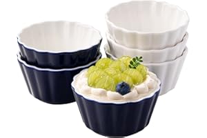 LUSTIDE Ceramic Ramekins 8 oz Oven Safe, Porcelain Souffle Custard Cups,Dishwasher Safe and Microwave Safe, Flower-Shaped Condiments Cups, Creme Brulee,Set of 6,Mini Bowls,White and Navy.