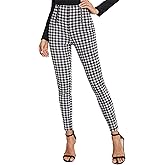 WDIRARA Women's Plaid Zip Front Skinny Pants Stretchy Work Gingham Leggings