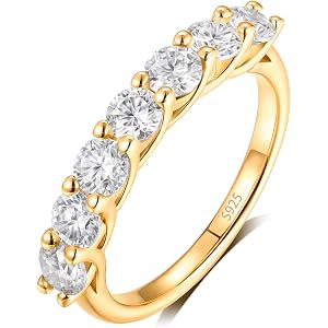 FWM 7 Stones Moissanite and Sapphire/Ruby/Emerald Eternity Rings for Women, Solid 925 Sterling Silver , Yellow Gold Plated, A