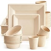Havawish 100 Pack Compostable Paper Plates and Bowls Set, Heavy Duty Sugarcane Disposable Plates Biodegradable Cups and Paper Bowls, Party Dinner Tableware Supplies (10in+8in+12oz)