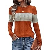SherryDC Women Long Sleeve Tunic Shirts Lightweight Thin Sweater Color Block Ribbed Casual Crewneck Fall Top