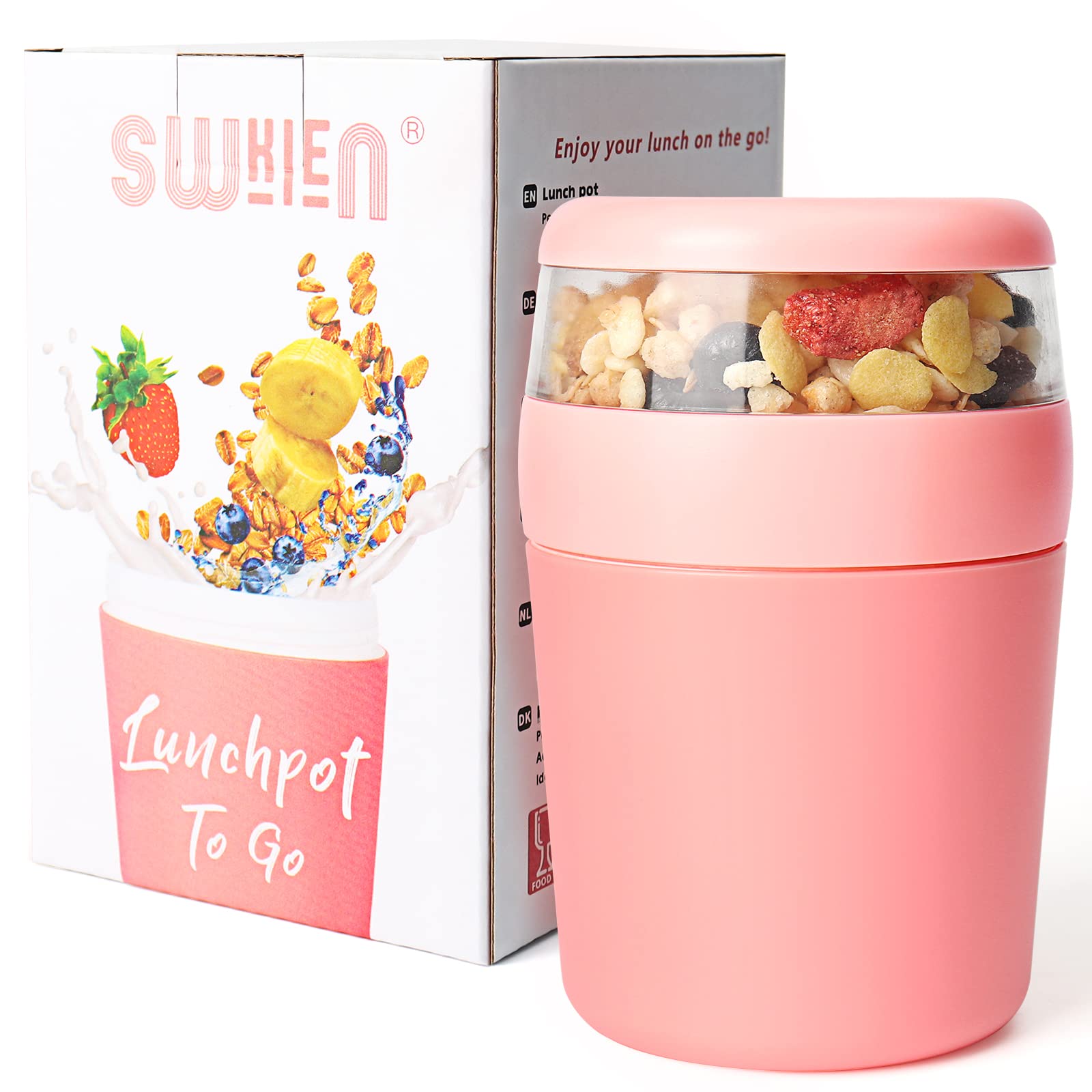 Swkien Yoghurt Pots，Breakfast pots on the go with Spoon，Leak-Proof yoghurt and cereal pot (250 ml + 500 ml) Dishwasher Safe Lunch Pot, Cereal to Go Cup for Work, School, Picnic, Travel (‎gepudert)