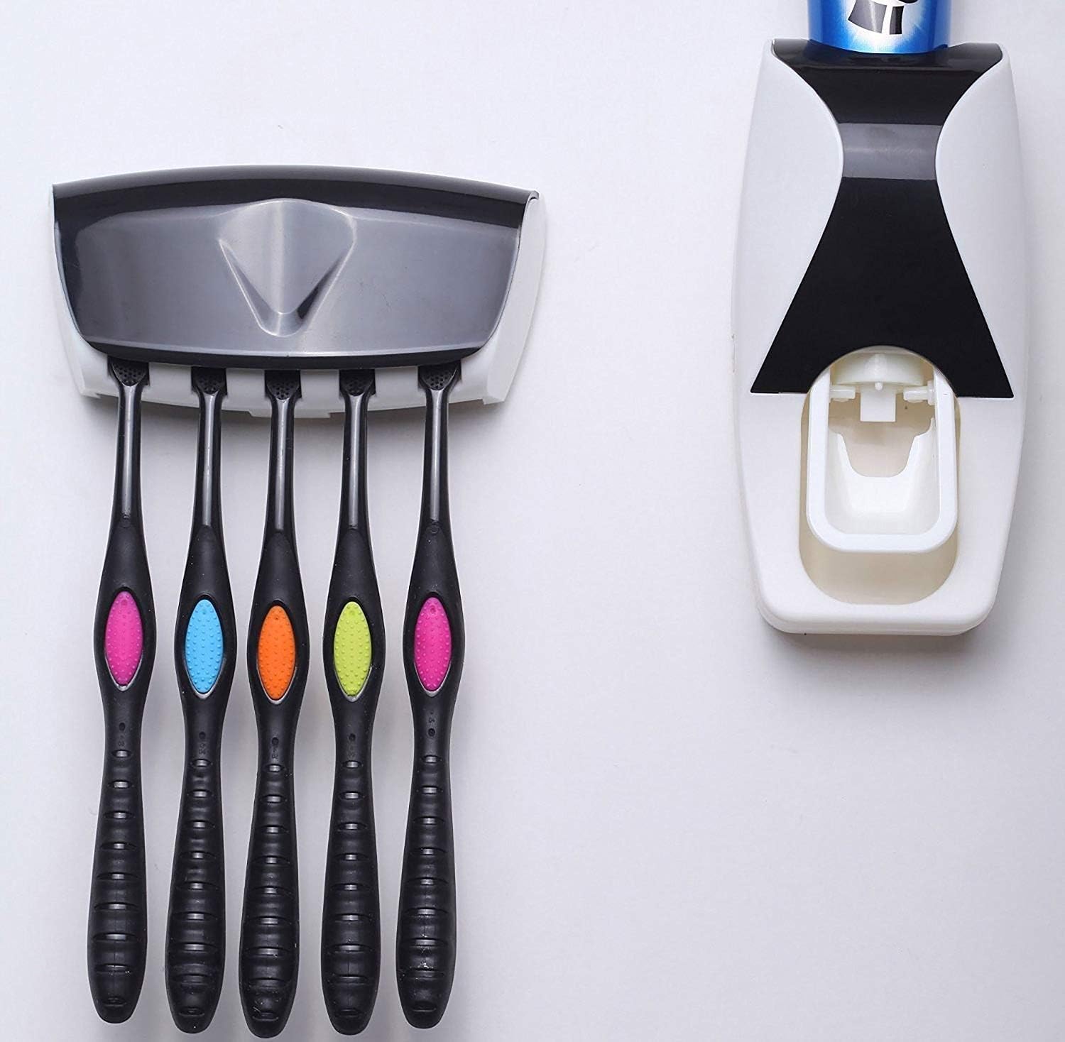 Vivnits® Plastic Automatic Hands-Free Wall Mounted Toothpaste Dispenser Squeezer with Detachable 5 Hole Toothbrush Holder (Standard, Multicolour)