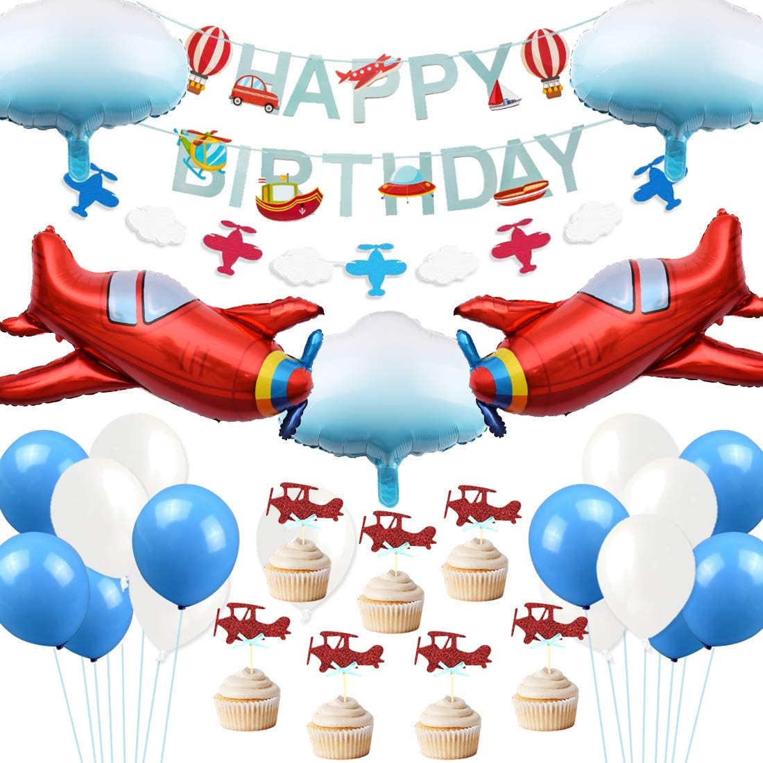 Joymemo Decorations De Fete D Anniversaire De Avion Decorations Vintage Avion Nuage Feuille Ballons Anniere De Joyeux Anniversaire Gateau Cake Topper Pour Fournitures De Fete Sujet D Avion Amazon Fr Jeux Et Jouets