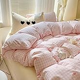 Faincy Pink and White Grid Duvet Cover Full Size - Love Heart Plaid Buffalo Check Gingham Pattern Microfiber Comforter Cover Set - 3PC 80 X 90 Soft Modern Cottage Preppy Decor Bedding for Women Men