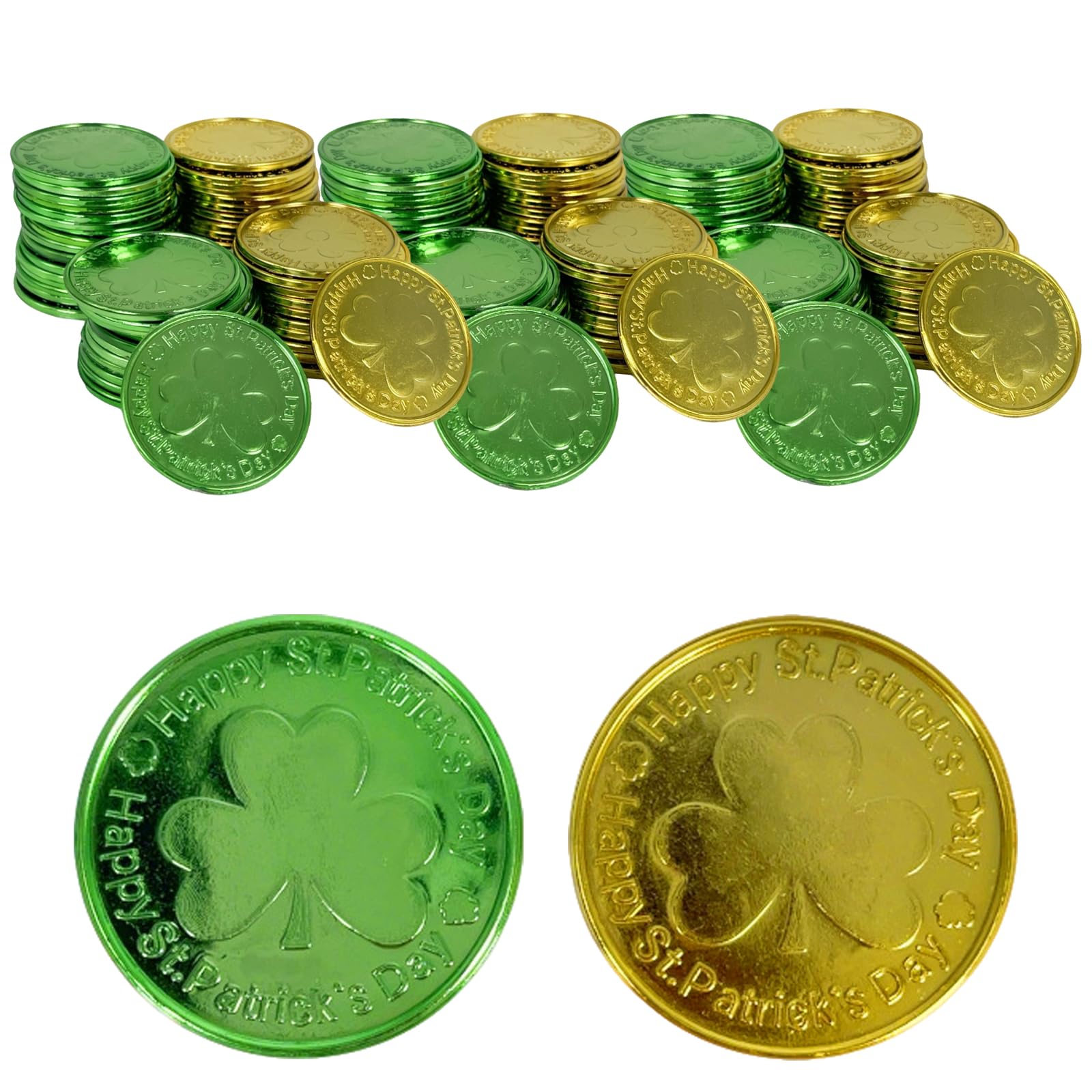 Qylazune 150 Pcs Gold Coins St Patricks Day Shamrock Plastic Coins Green And Gold For Women And Men Friends Colleagues Family Members Lucky Goblin Coin St Patricks Day Accessories Decorations