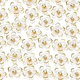 50 Pcs Transparent Acrylic Flower Beads for Jewelry Making Without Holes Golden Edged Rhinestone Floral Beads Bulk 23MM Aesthetic Five Petal Cherry Blossom Flower Bead Kits Embellishments for Crafts